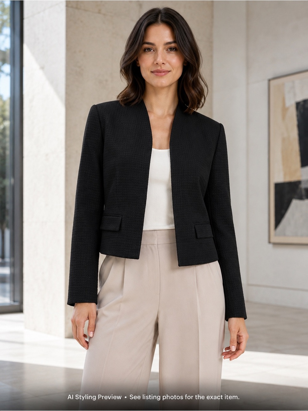 Koton Women’s US 4 Black Textured Cropped Collarless Blazer Jacket